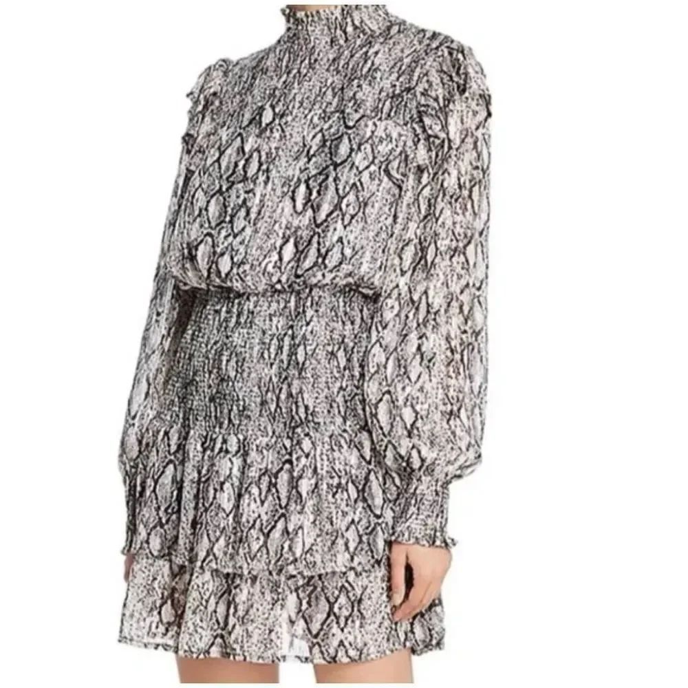 English factory metallic smocked snake print long sleeve dress